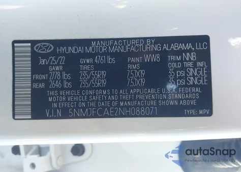 2022 Hyundai Tucson Sel z USA, uszkodzony, nr VIN 5NMJFCAE2NH088071